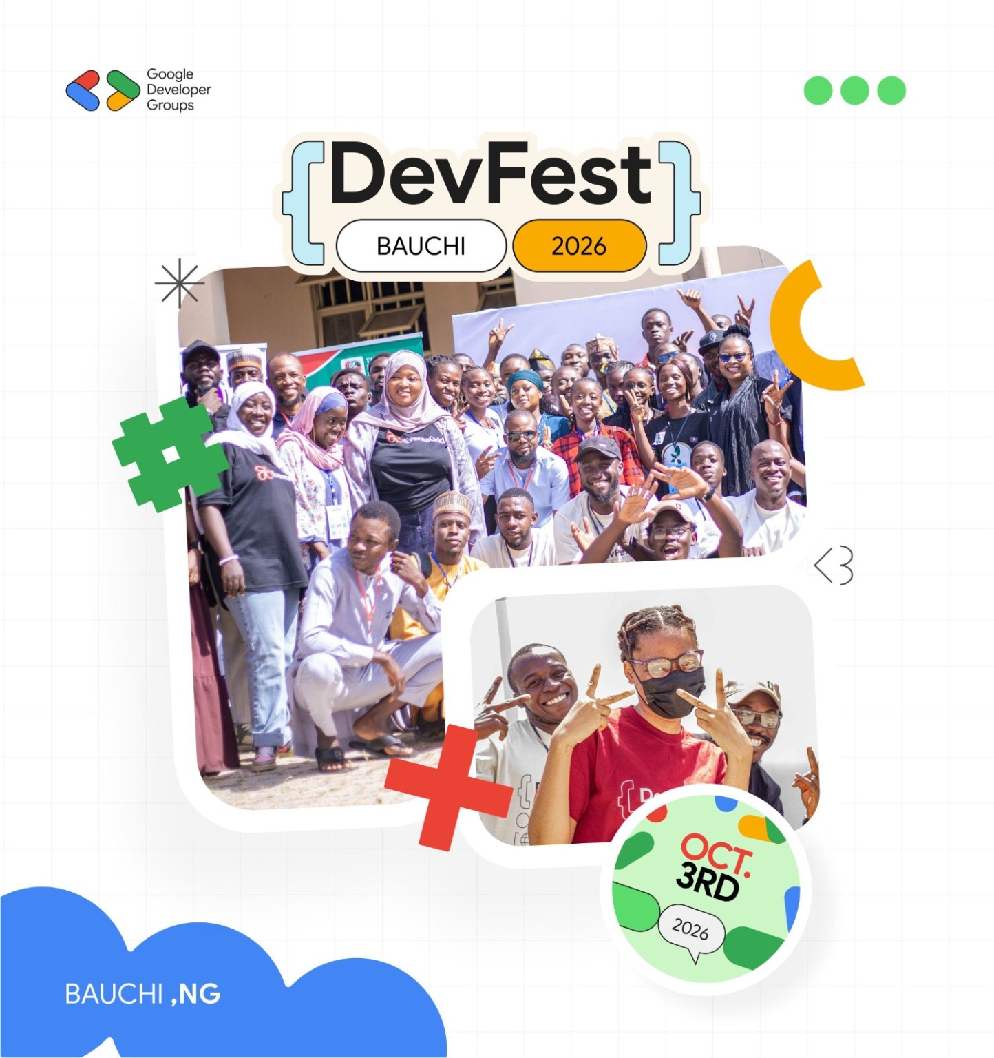 DevFest Bauchi event flyer showing the local developer community, colourful shapes, and the October 3 date